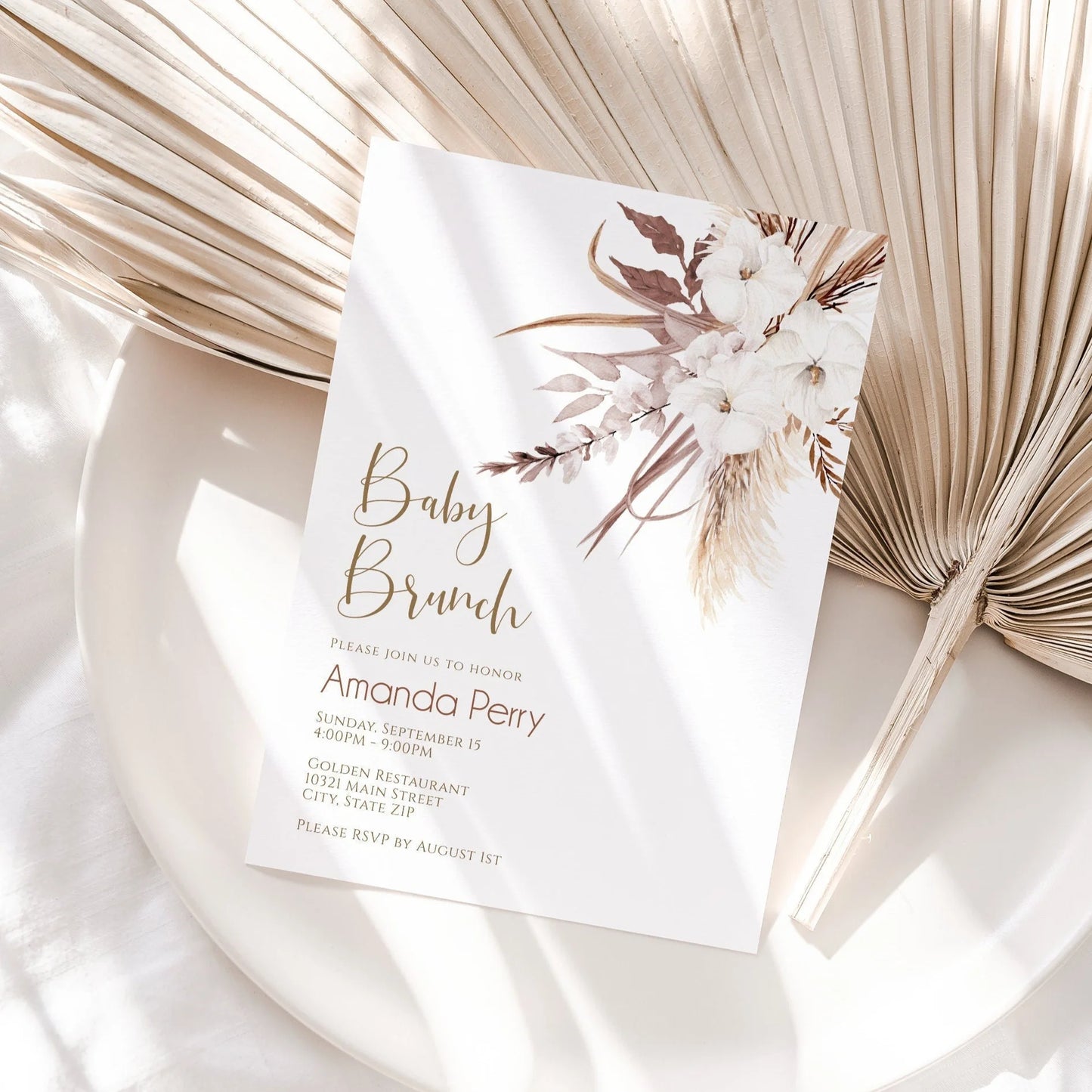 Pampas Grass Boho Baby Brunch Invitation, Boho Floral Baby Shower Brunch, Gender Neutral Baby Shower Invite, Dried Flower Invitation, Boho