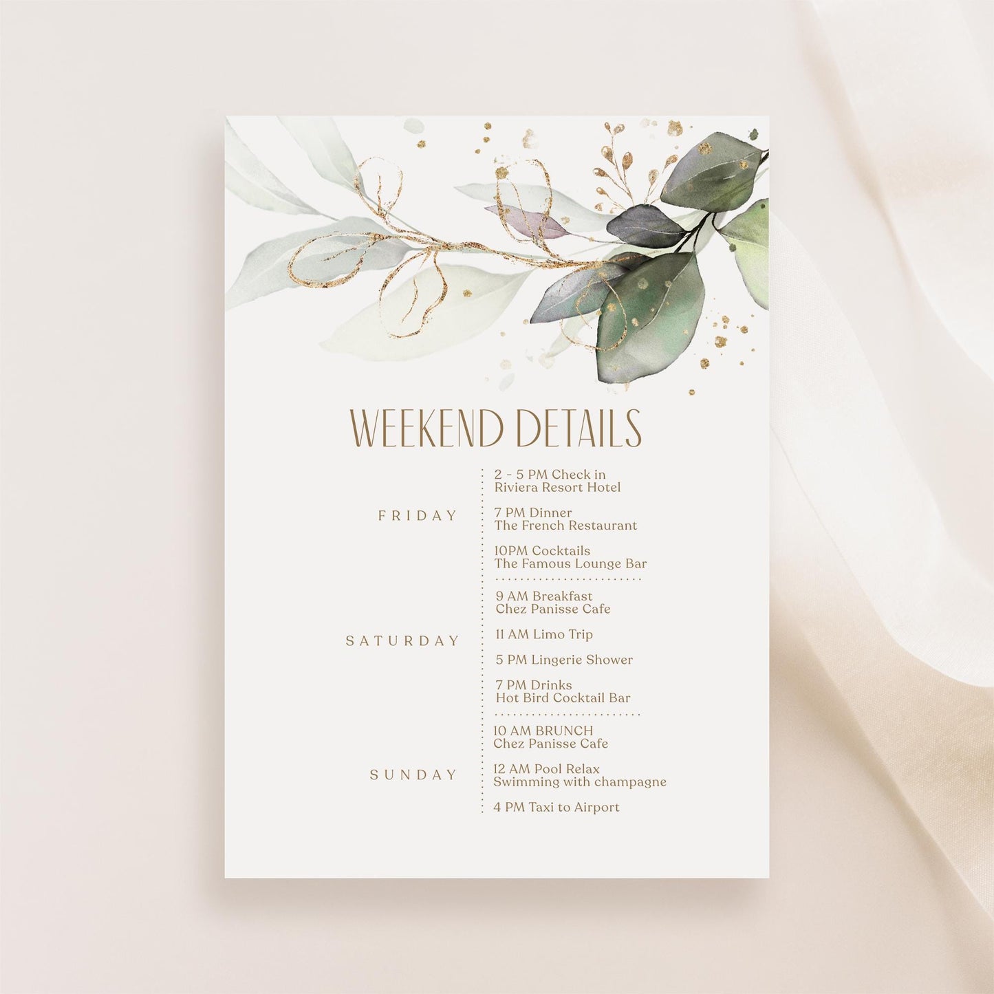 Editable Greenery Wedding Itinerary Card Template, Eucalyptus Birthday Weekend Details Template, Digital Timeline Schedule Weekend Events