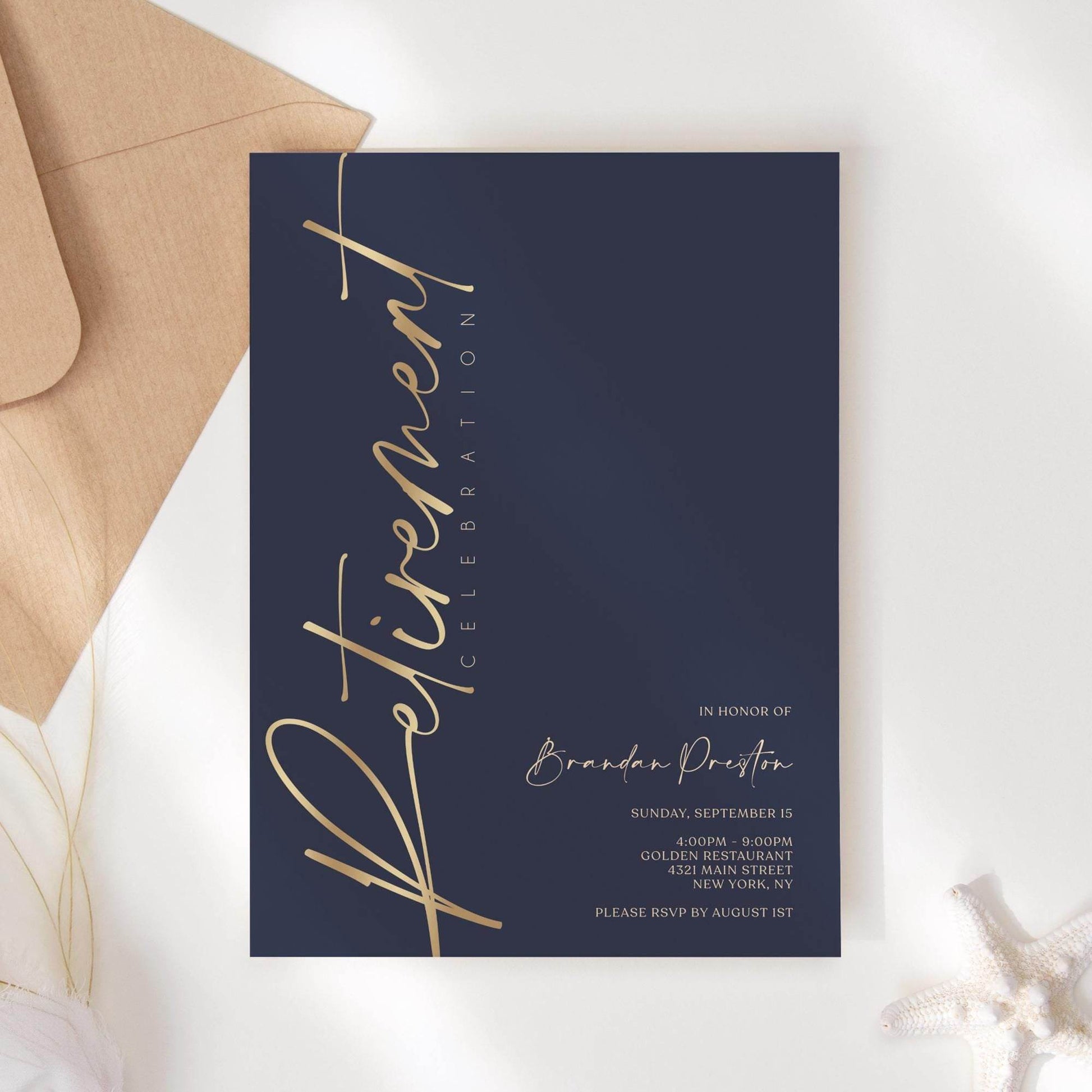 Navy Gold Retirement Party Invitation Template, Editable Digital Invite, Printable Retirement Card, Email & Text Message Evite, Instant Download