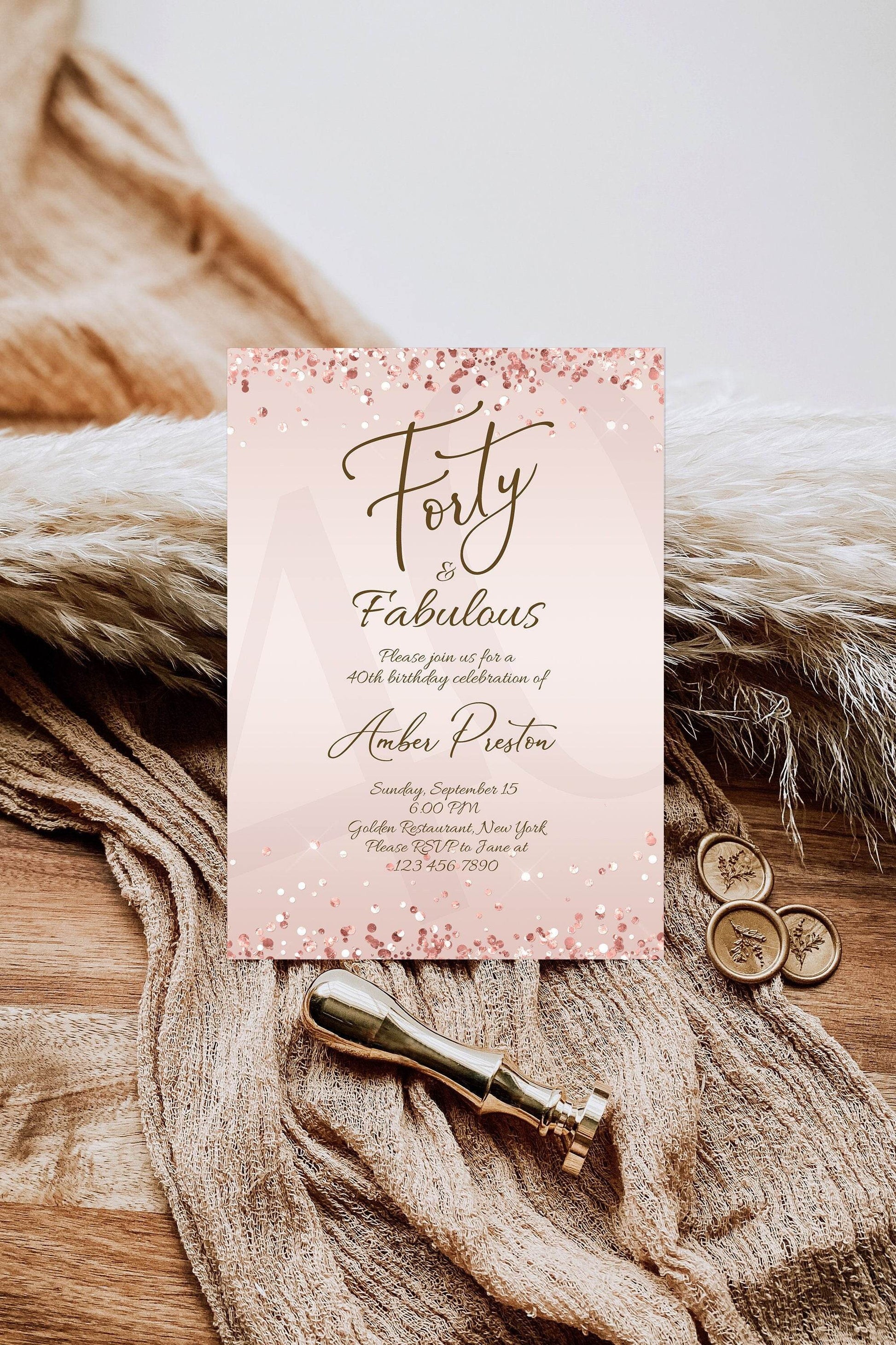 40th Birthday Invitation for Her | Editable Rose Gold Forty & Fabulous Party Invite | Surprise Party Template | Printable Women’s Birthday Card