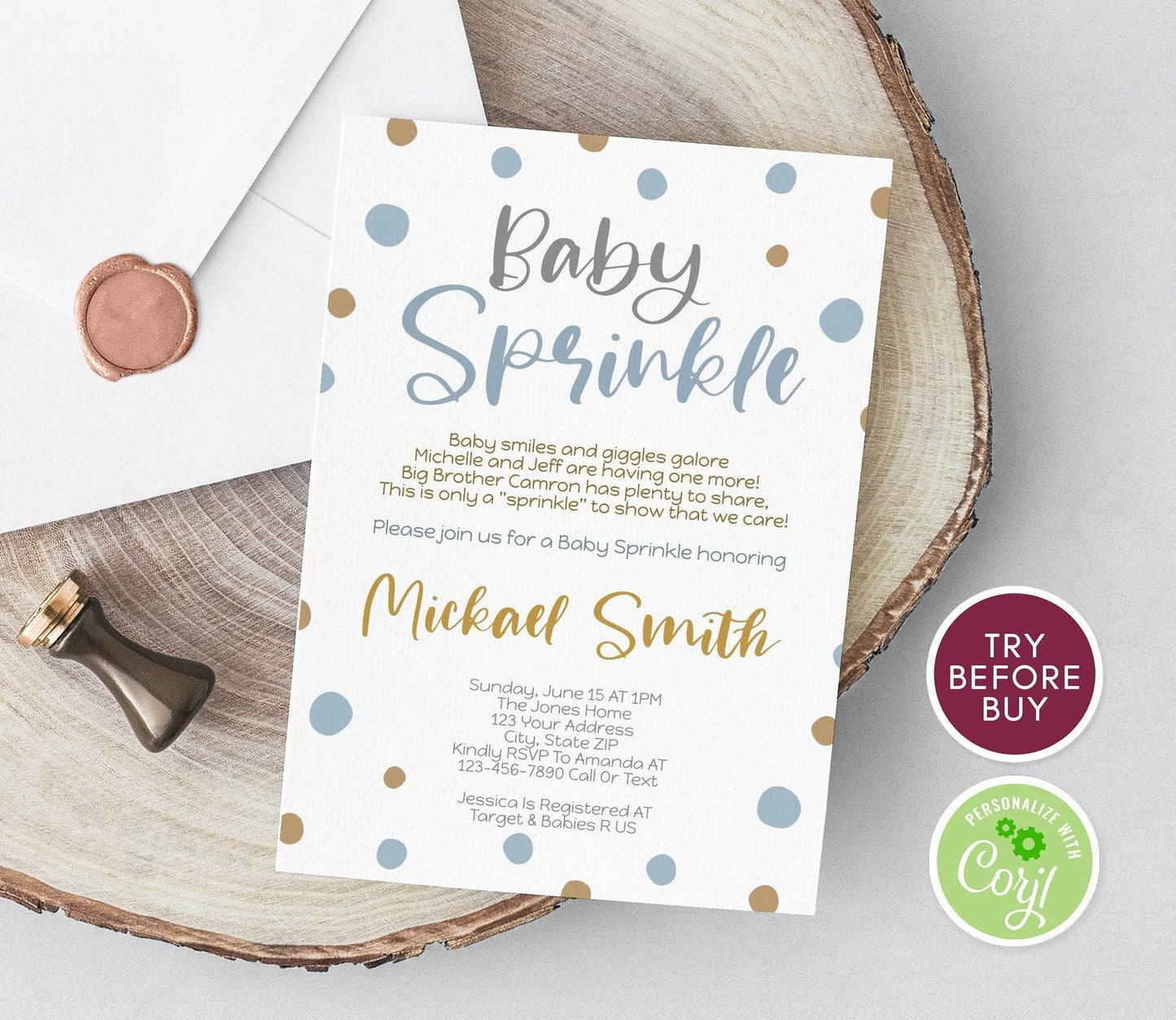 Baby Sprinkle Invitation for Boy, Blue Gold Baby Shower Invite, Editable Printable Baby Sprinkle Template, Instant Download