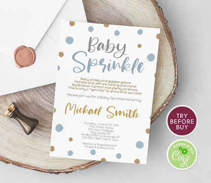 Baby Sprinkle Invitation for Boy, Blue Gold Baby Shower Invite, Editable Printable Baby Sprinkle Template, Instant Download