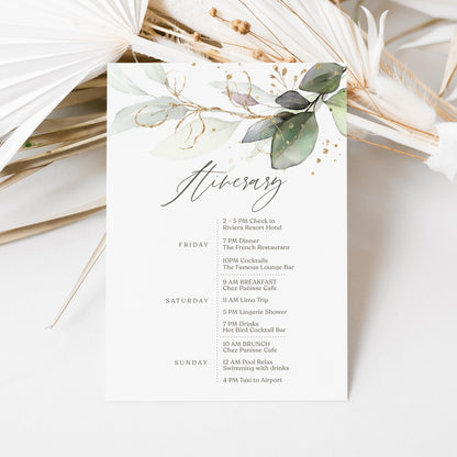 Editable Weekend Itinerary Card Template, Birthday Weekend, Printable Weekend Itinerary, Hens Weekend, Bachelorette, Greenery Eucalyptus