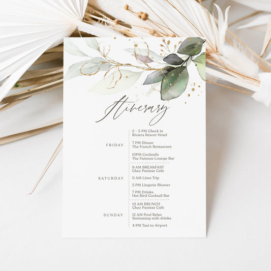 Editable Weekend Itinerary Card Template, Birthday Weekend, Printable Weekend Itinerary, Hens Weekend, Bachelorette, Greenery Eucalyptus