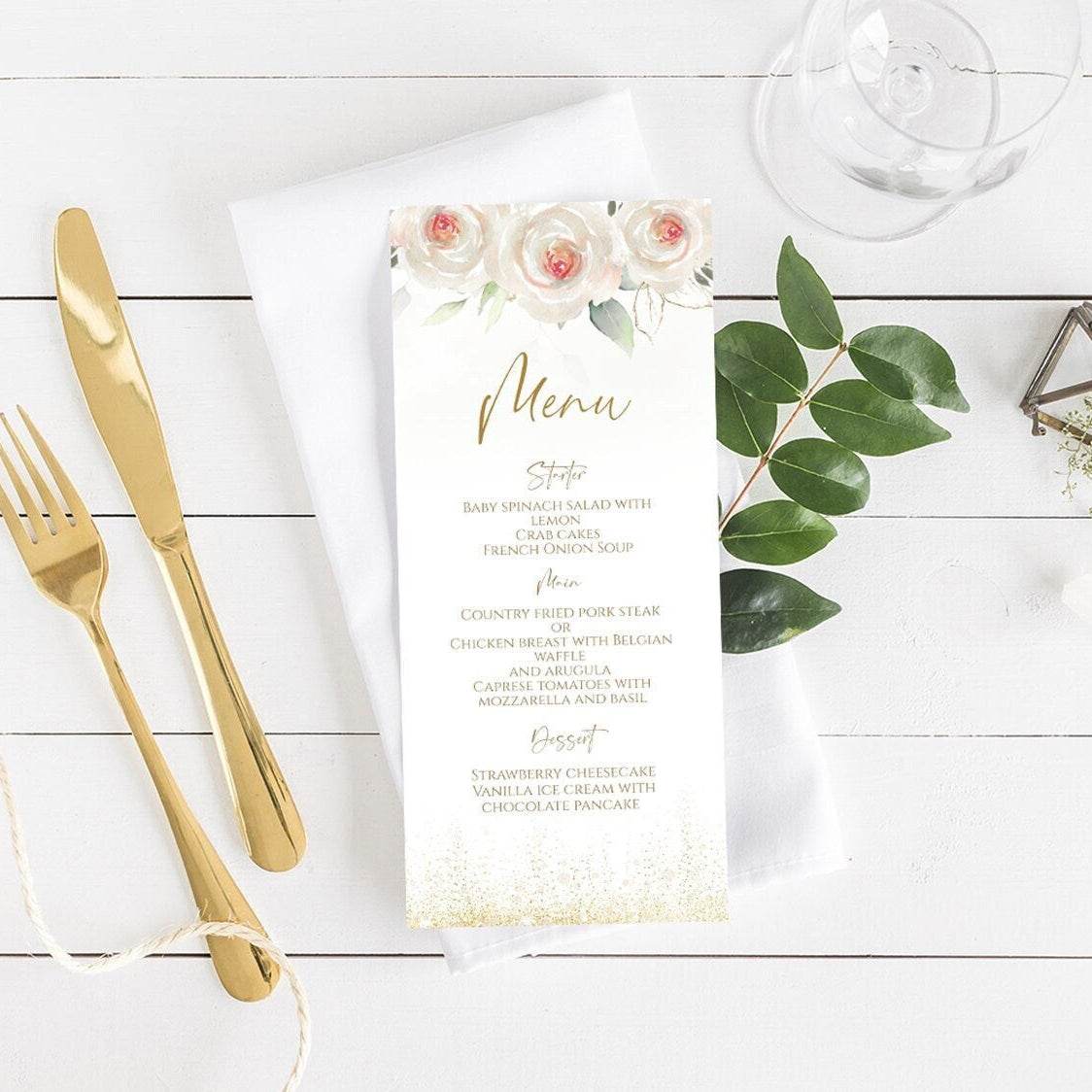 Greenery Floral Birthday Menu Template, Printable Gold Dinner Menu, Editable Wedding Menu Card, Roses Table Card, Instant Download