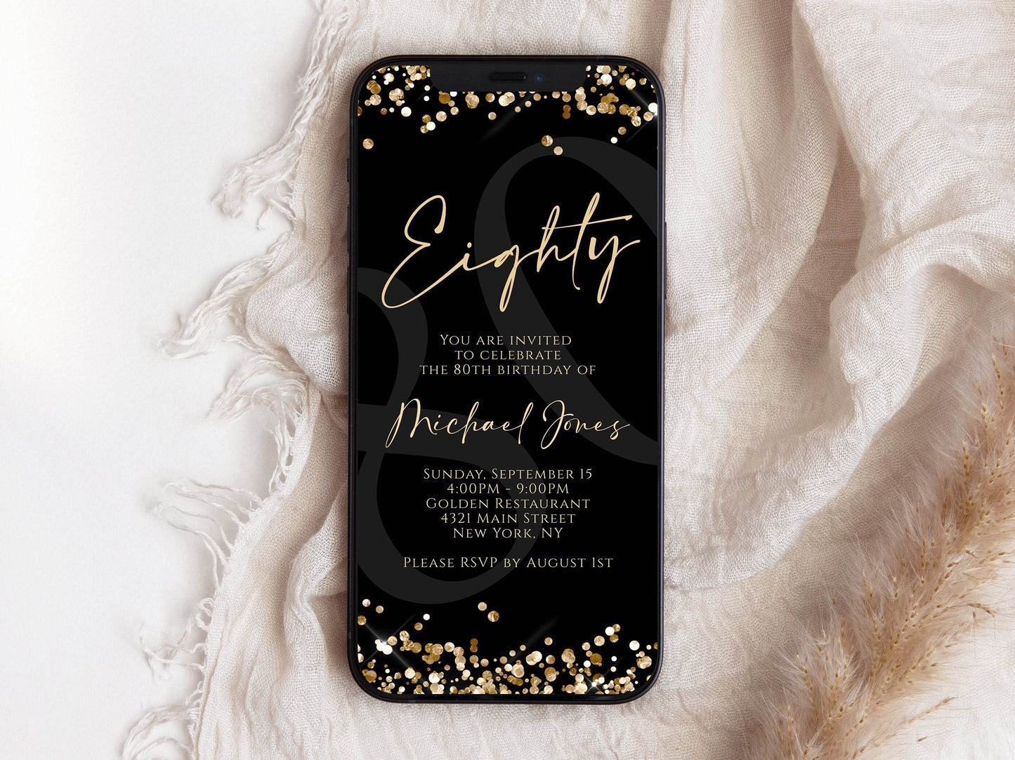Digital Black Gold Eighty 80th Birthday Invitation Template, Electronic Birthday Invite, Editable Text Message Evite, Elegant Black Invite
