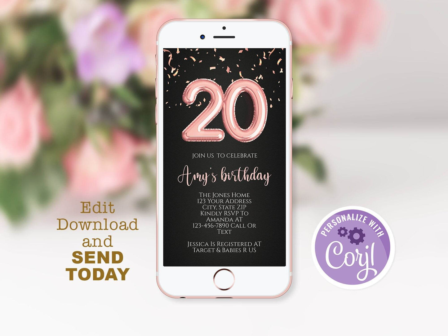 Electronic dark rose gold 20th birthday text invitation template, Twenty editable birthday text invite, 20th digital invitation, twenty