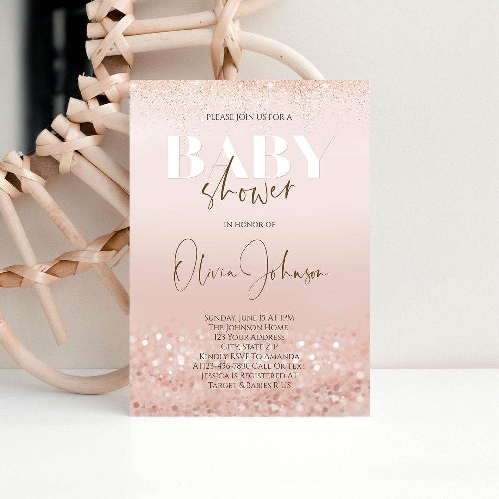 Printable Rose Gold Confetti Baby Shower Invitation – Editable “Oh Baby” Luxury Girl Baby Shower Template | DIY Invite | Instant Download