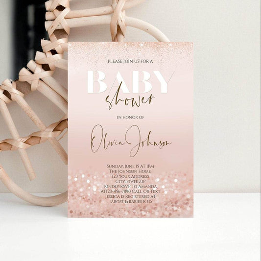 Printable Rose Gold Confetti Baby Shower Invitation – Editable “Oh Baby” Luxury Girl Baby Shower Template | DIY Invite | Instant Download