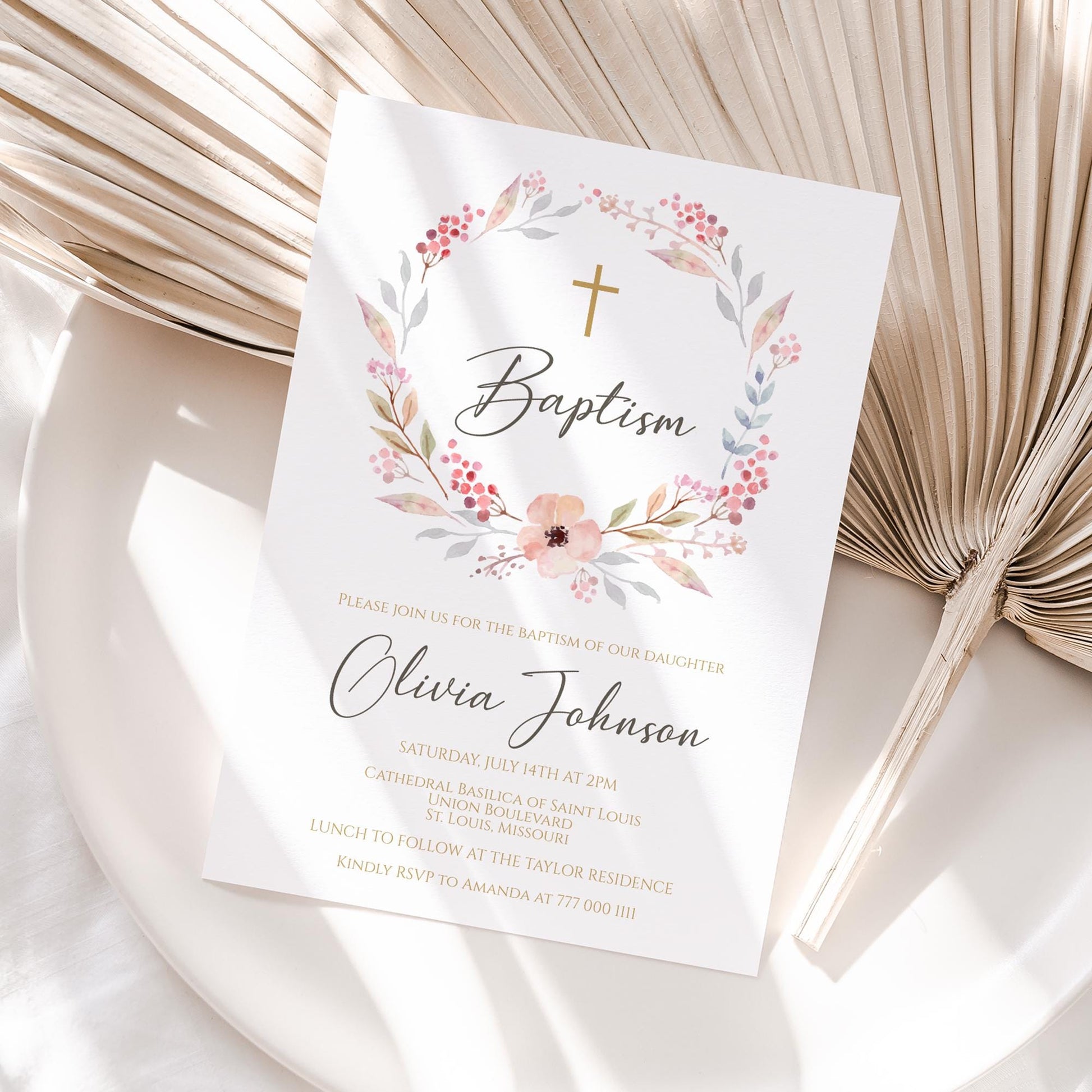 Girl Baptism Invitation Template Editable, Boho Floral Girl Invite Template, Printable Blush Pink Christening Card Invite, Digital Download