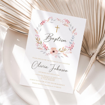 Girl Baptism Invitation Template Editable, Boho Floral Girl Invite Template, Printable Blush Pink Christening Card Invite, Digital Download
