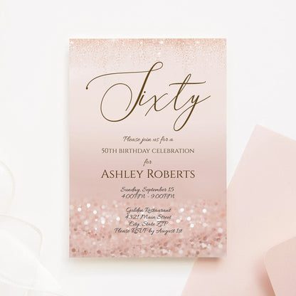 Luxury Sixty Rose Gold Glitter Editable 60th Birthday Invitation Template, Printable Invite or Text Digital Invitation, DIY Instant Download