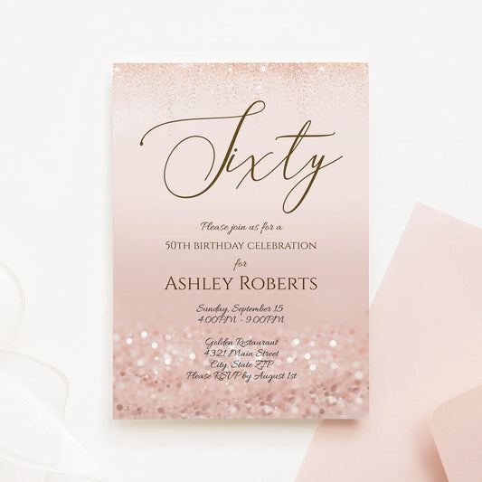 Luxury Sixty Rose Gold Glitter Editable 60th Birthday Invitation Template, Printable Invite or Text Digital Invitation, DIY Instant Download