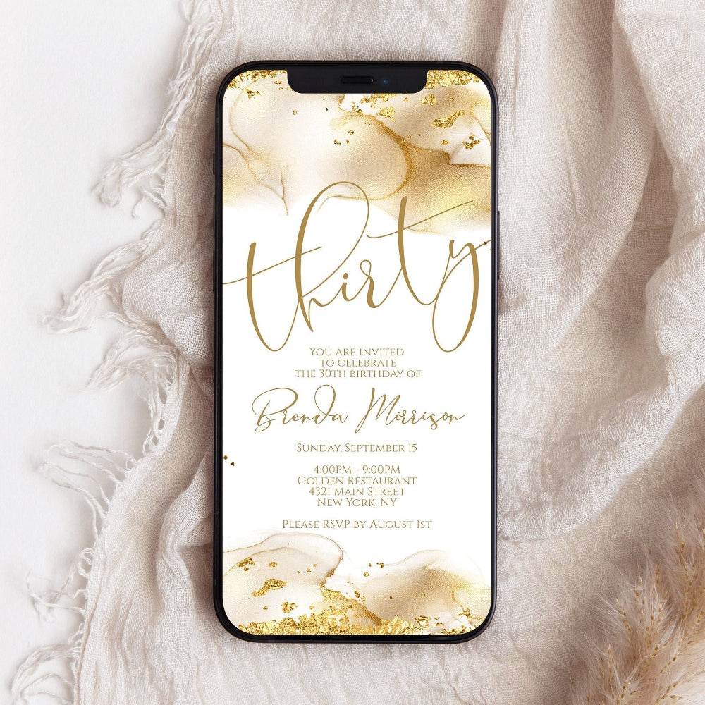 Electronic 30th Birthday Invitation Template, Gold Foil Digital Invite, Editable Thirty Birthday Text Message Evite, Phone DIY Smartphone Invitation
