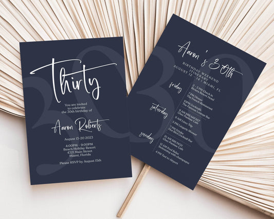 Simple Navy 30th Birthday Weekend Itinerary Template – Editable Printable Weekend Events Schedule | Minimalist 30th Birthday Invite | Instant Download