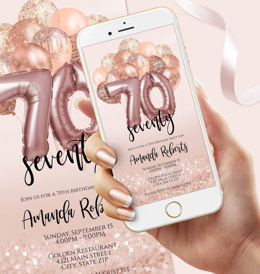Digital 70th Seventy Birthday Electronic Invite, Editable Invitation, Mobile Text Message Evite, Phone Invitation, Pink Digital Template