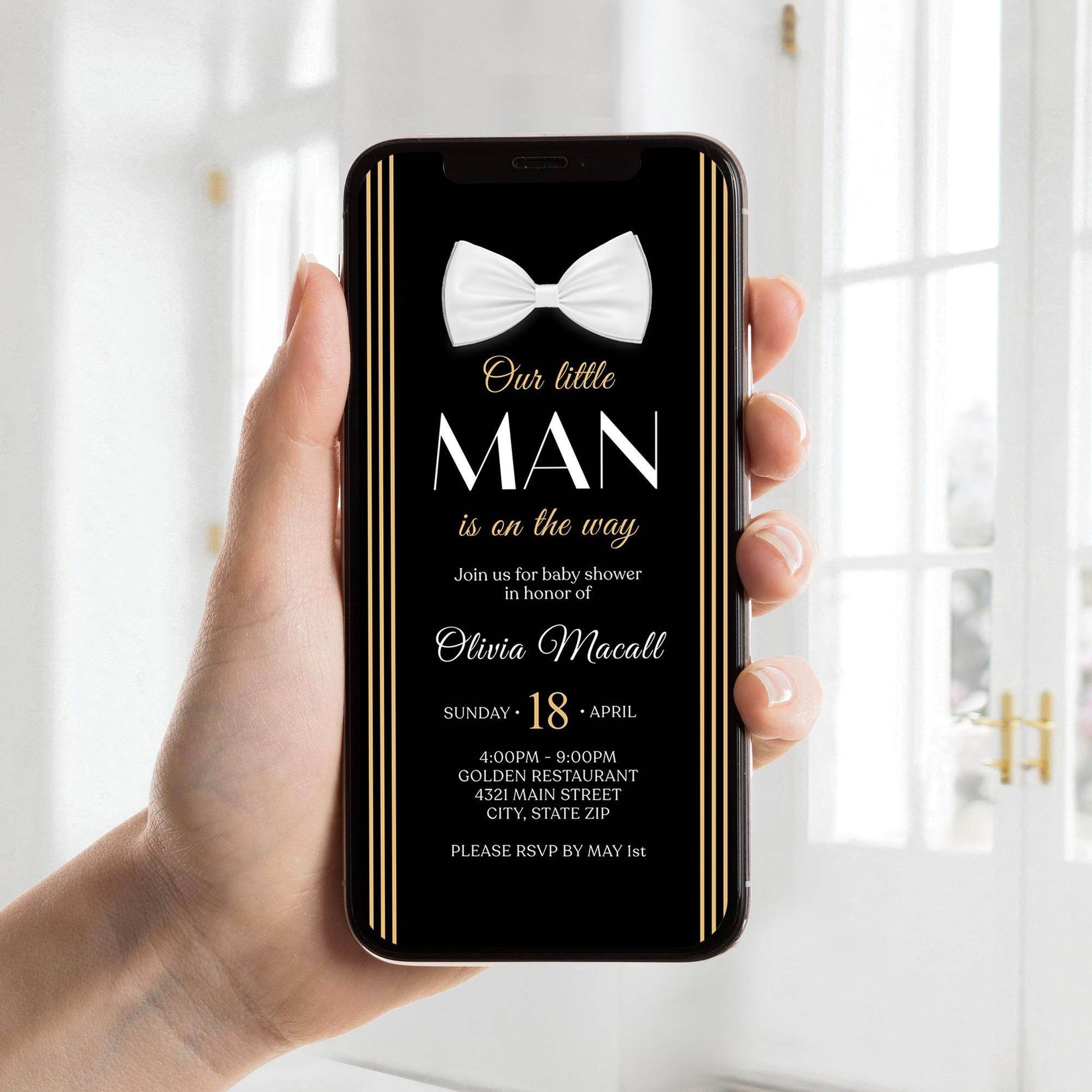 Digital Baby Shower Invitation Template, Black Gold Bow Tie Invite, Little Gentleman, Editable Phone Evite, Text Message Invitation