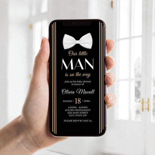 Digital Baby Shower Invitation Template, Black Gold Bow Tie Invite, Little Gentleman, Editable Phone Evite, Text Message Invitation