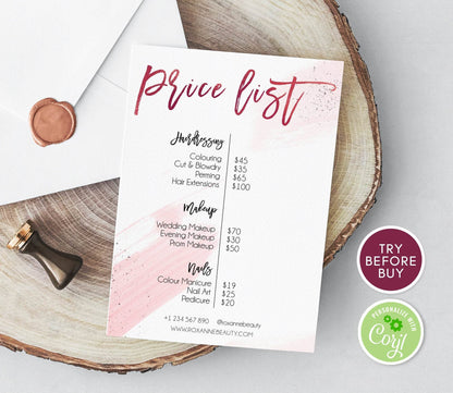 Pink Price List Template | Editable Beauty Salon Pricing Sheet | Printable Price Guide Chart | DIY Business Price List | Instant Download
