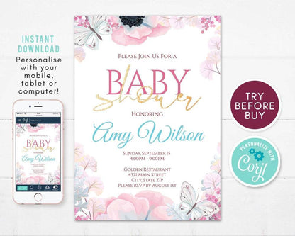 Butterfly Girl Baby Shower Invitation – Editable Pink Lilac Template – Baby Shower Invite for Girls – Instant Download – Printable & Digital