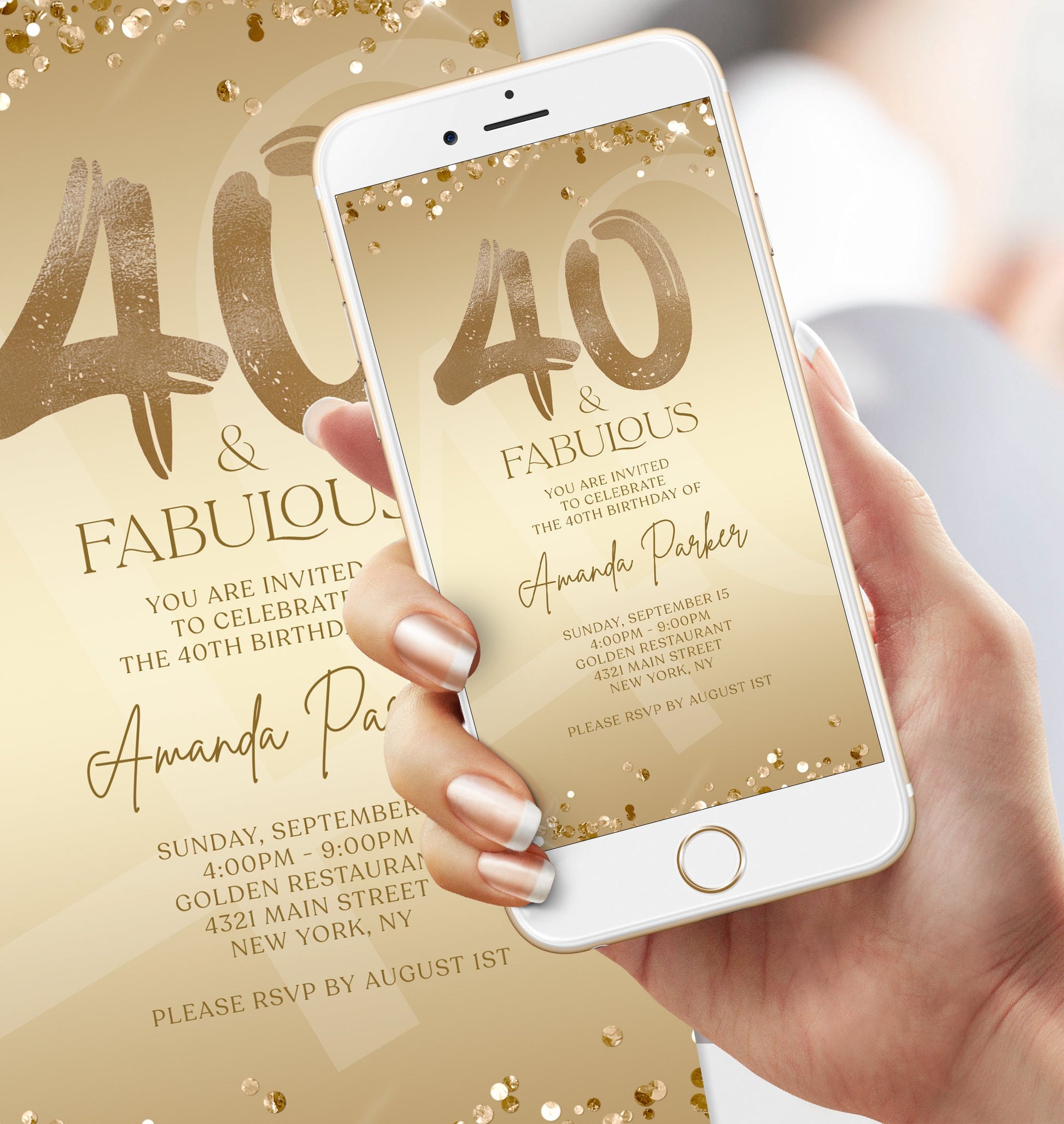 Digital 40th Birthday Dinner Party Invite - Editable Gold Evite