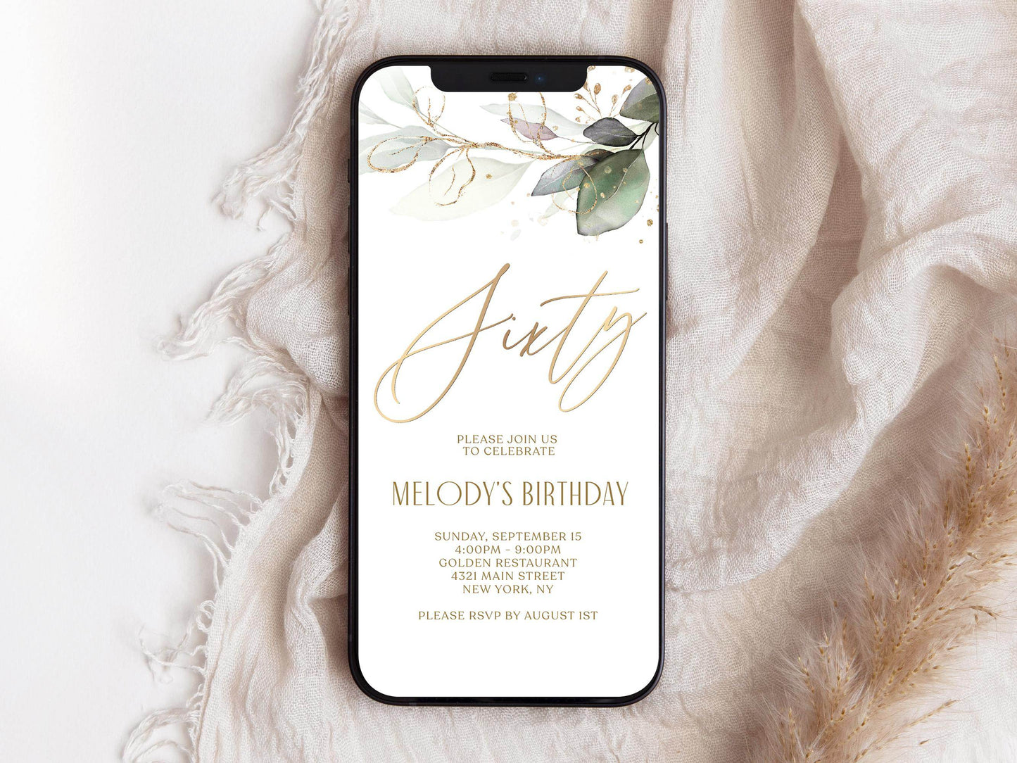 Digital Greenery 60th Birthday Invitation Template – Boho Mobile Party Invite – Editable Text Message Evite – Instant Download Phone Invitation