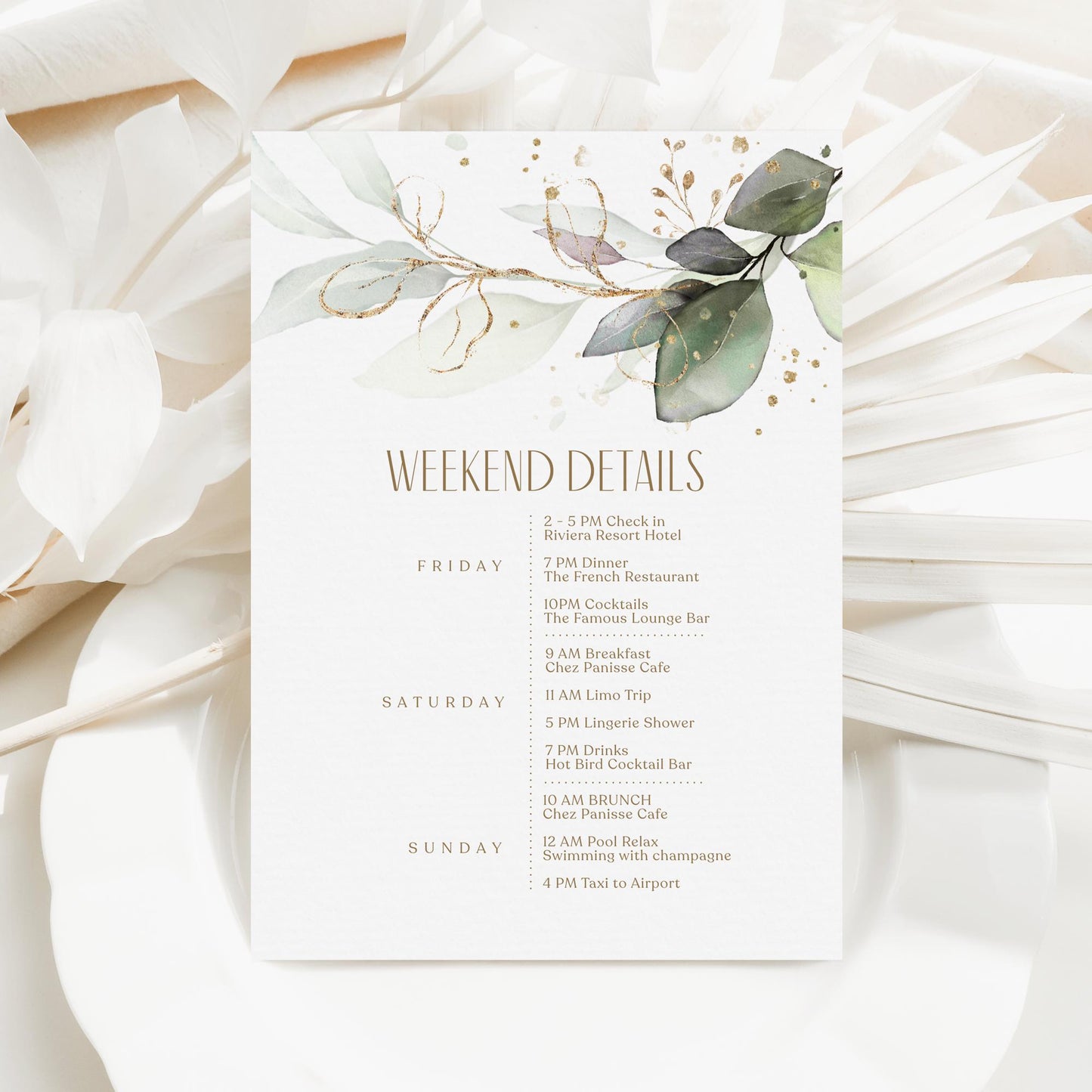 Editable Greenery Wedding Itinerary Card Template, Eucalyptus Birthday Weekend Details Template, Digital Timeline Schedule Weekend Events