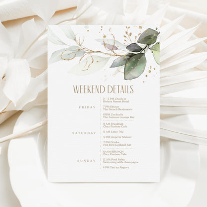 Editable Greenery Wedding Itinerary Card Template, Eucalyptus Birthday Weekend Details Template, Digital Timeline Schedule Weekend Events