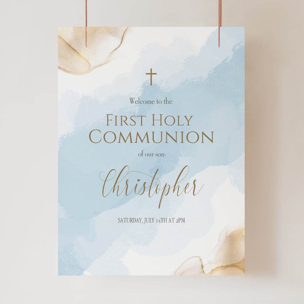 Boy First Holy Communion Welcome Sign - Blue & Gold Watercolor Christening Sign - Editable Printable Template - Instant Download