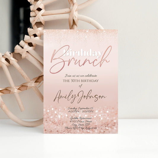 Rose Gold Birthday Brunch Invitation Template, Adult Birthday Party Invitation, Birthday Invitations, Blush Pink Confetti, Editable Text DIY