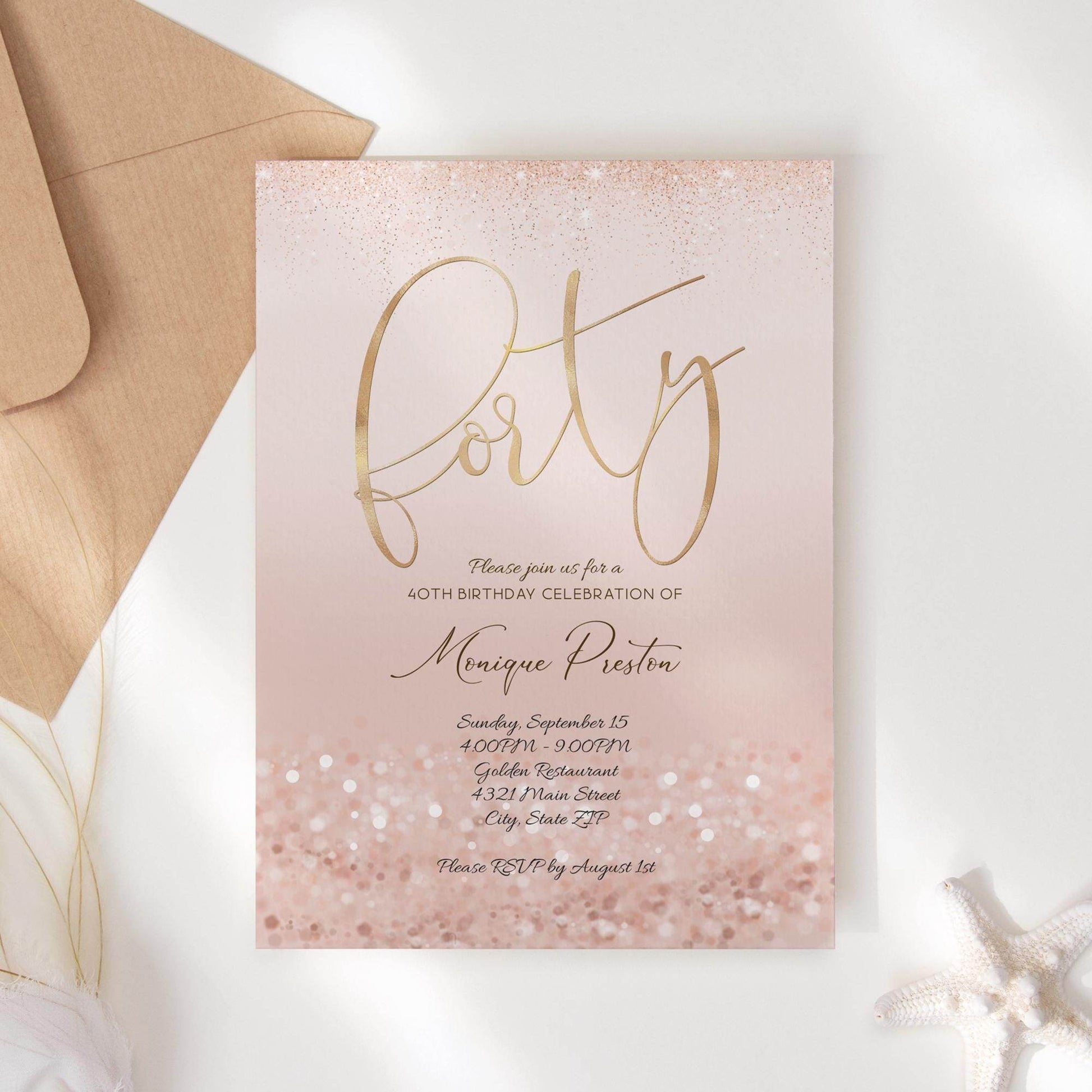 Rose Gold 40th Birthday Invitation Template, Editable Ladies Surprise Party Invite, Printable Pink Evite, Digital Text Message Download