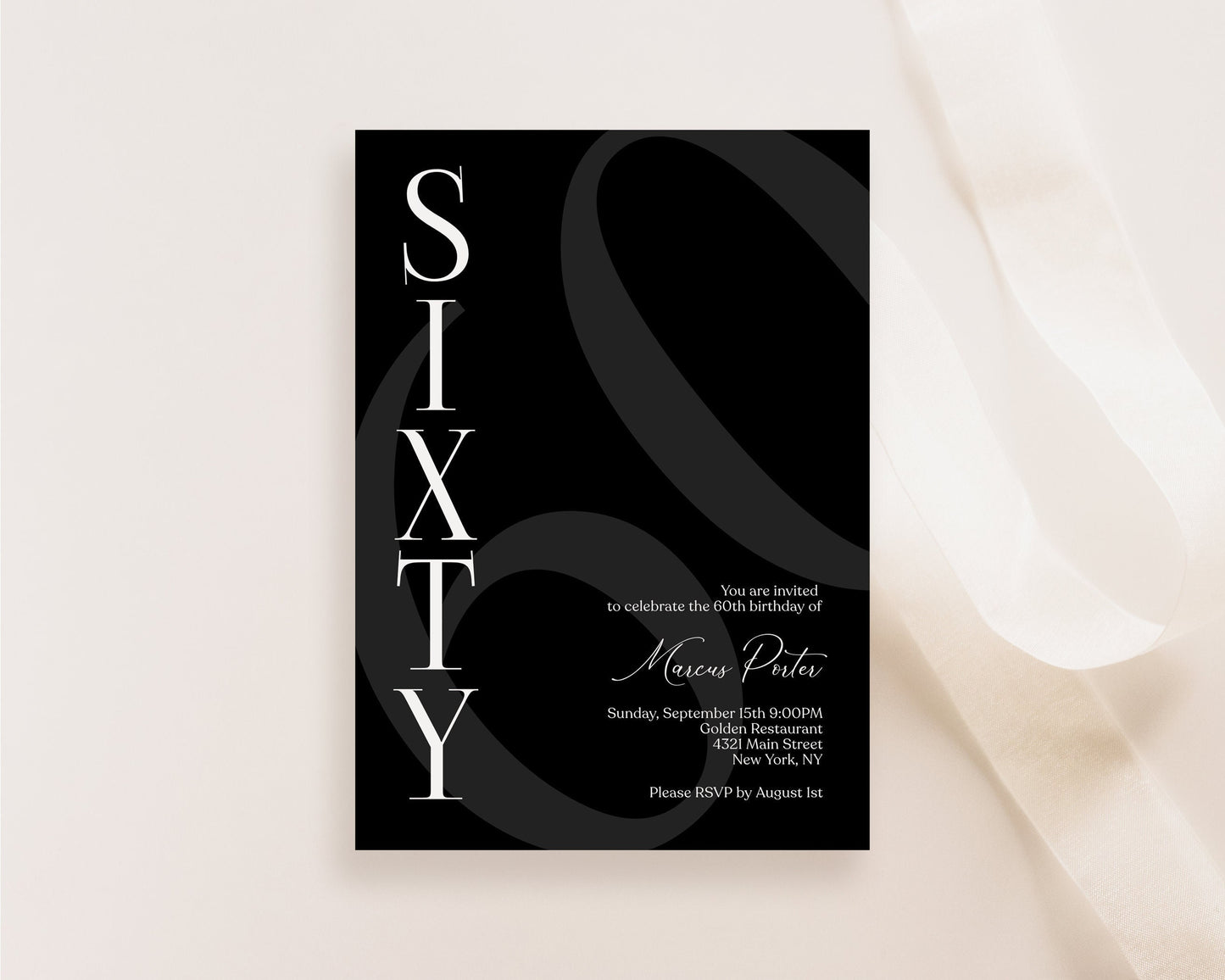 Black 60th Birthday Invitation Template - Editable & Minimalist