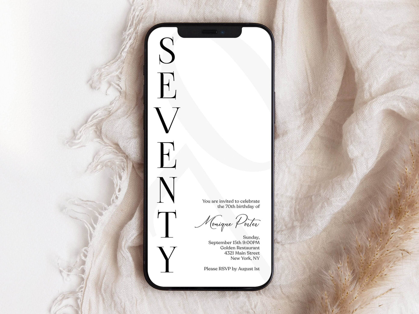 Digital Simple 70th Seventy Birthday Invitation Template, Electronic Minimalist Birthday Invite, Modern Any Age Invite, Text Message Evite