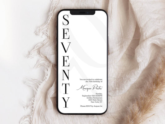 Digital Simple 70th Seventy Birthday Invitation Template, Electronic Minimalist Birthday Invite, Modern Any Age Invite, Text Message Evite