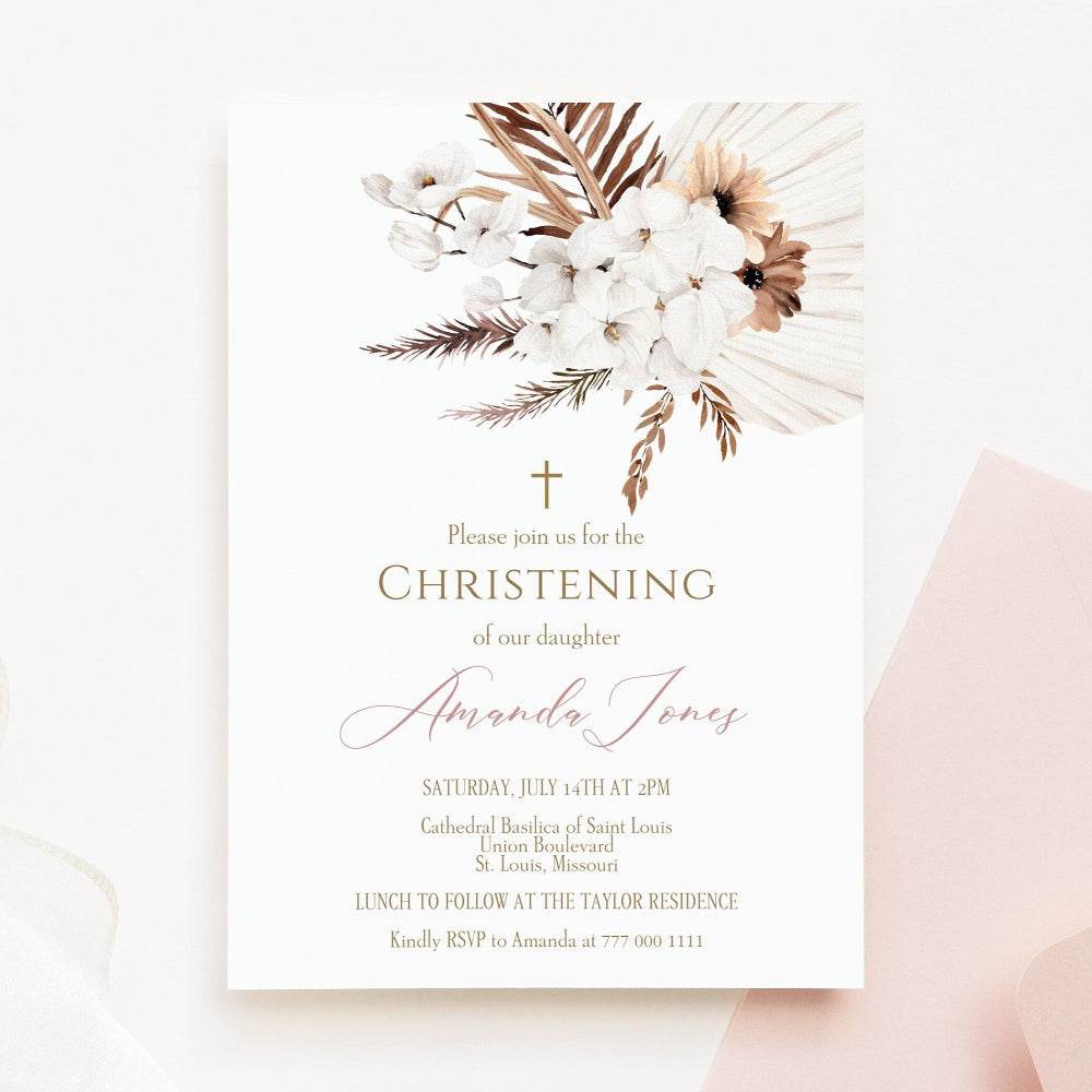 Printable Girl’s Christening Invitation – Boho Pink Baptism Invitation Template | Editable Baptismal Invite for Baby Girl | Instant Download