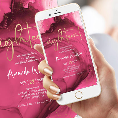 18th Birthday Invitation Template - Fuchsia Pink Gold Design | Instant Download