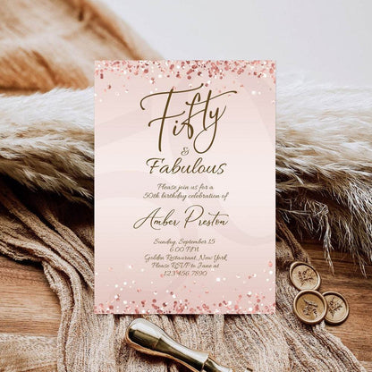 50th Birthday Invitation - Fifty & Fabulous | Editable Printable | Rose Gold 50th Birthday Invitation Template for Women's Surprise Party