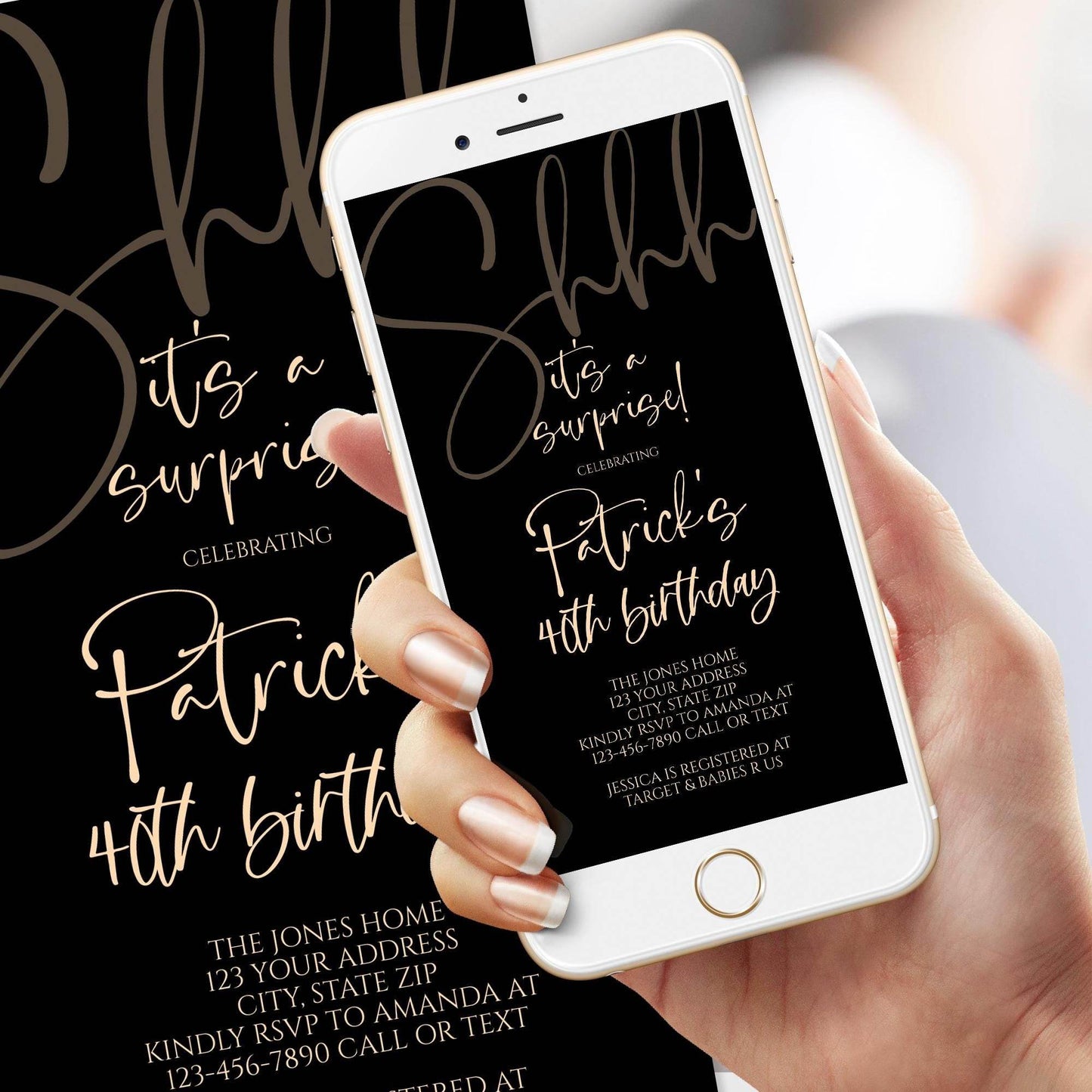 Digital Black Gold Shhh It's a Surprise Electronic 40th Birthday Invitation, Any Age, Editable Text Message Evite, Phone Invite Template