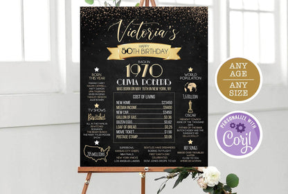 50th Birthday INSTANT DOWNLOAD Poster 1970 Sign, 50th Birthday Gift for Women Men Party Decorations, Editable Chalkboard Board Facts ideas