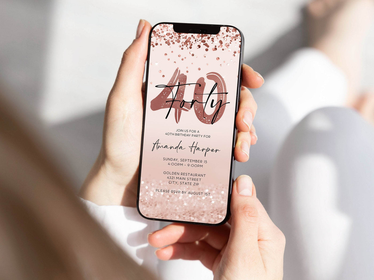 Electronic 40th Birthday Invitation Template, Digital Rose Gold Confetti Evite, Editable Girls Party Invite, Email Text Message Download