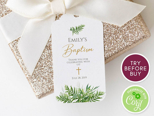 Baptism Favor Tags Printable | Greenery Thank You Tags | First Communion & Christening Gift Tag | Editable DIY Template | Instant Download