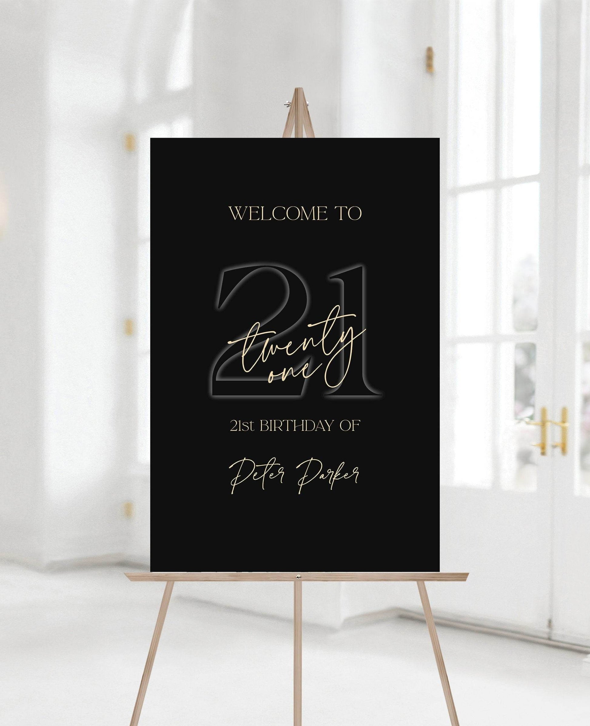 21st Birthday Welcome Sign Template | Black & Gold Editable Party Poster | Printable Twenty-One Birthday Sign | Instant Download Decoration