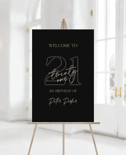 21st Birthday Welcome Sign Template | Black & Gold Editable Party Poster | Printable Twenty-One Birthday Sign | Instant Download Decoration