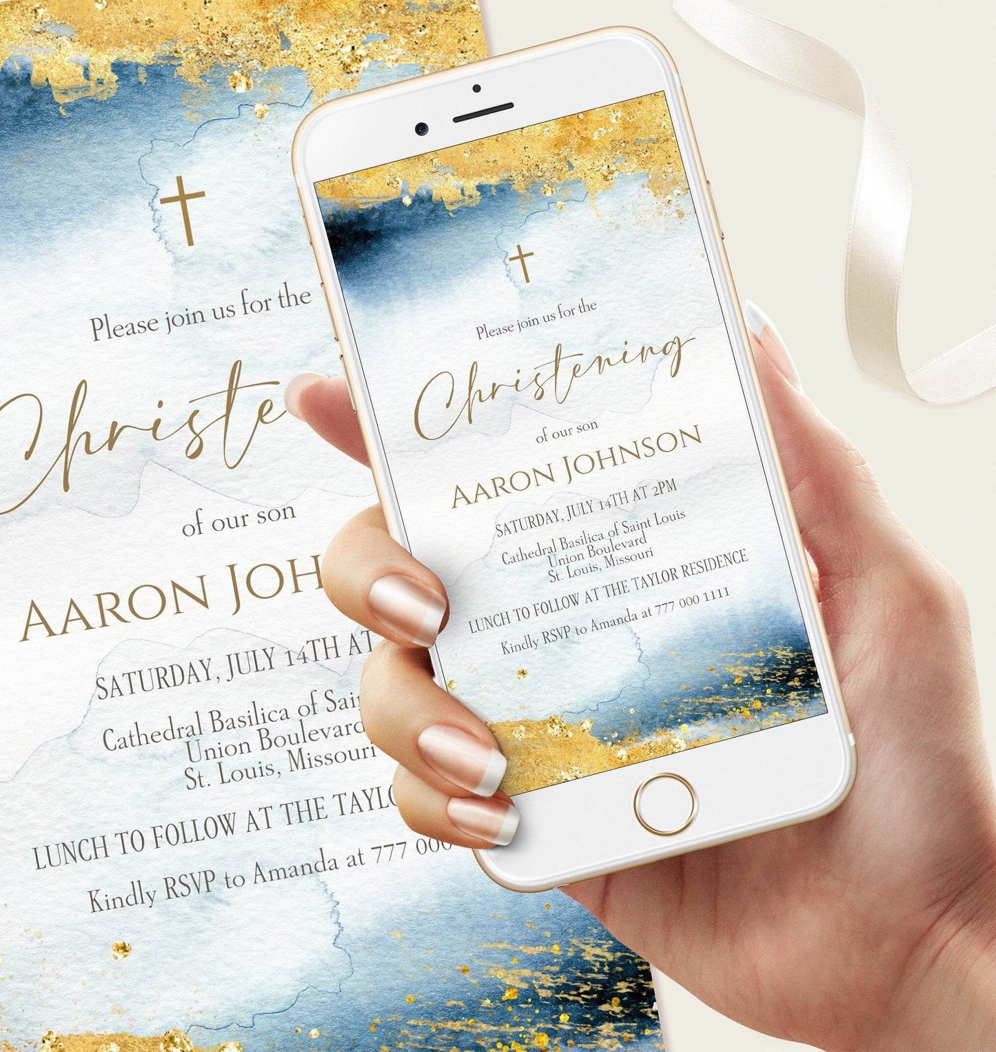 Electronic Christening Boy Invitation Template, Blue Gold Watercolor Baptism Invite, Editable DIY Christening Text Message Evite, Instant Download