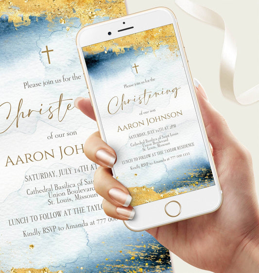 Electronic Christening Boy Invitation Template, Blue Gold Watercolor Baptism Invite, Editable DIY Christening Text Message Evite, Instant Download