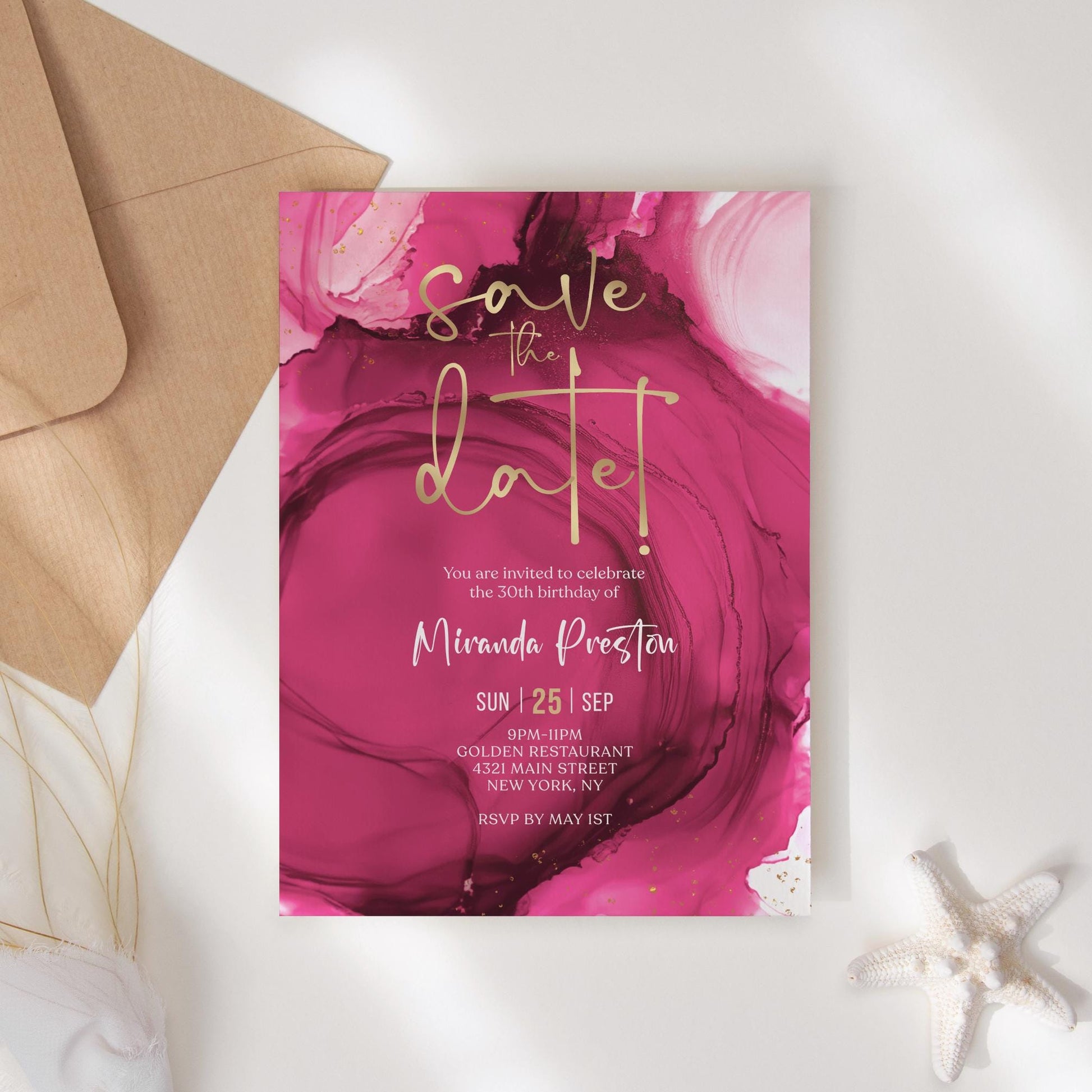 Fuchsia Pink and Gold Save the Date Invitation | Editable Birthday Party Announcement Card | Printable Digital Template | Modern Save the Date Invite