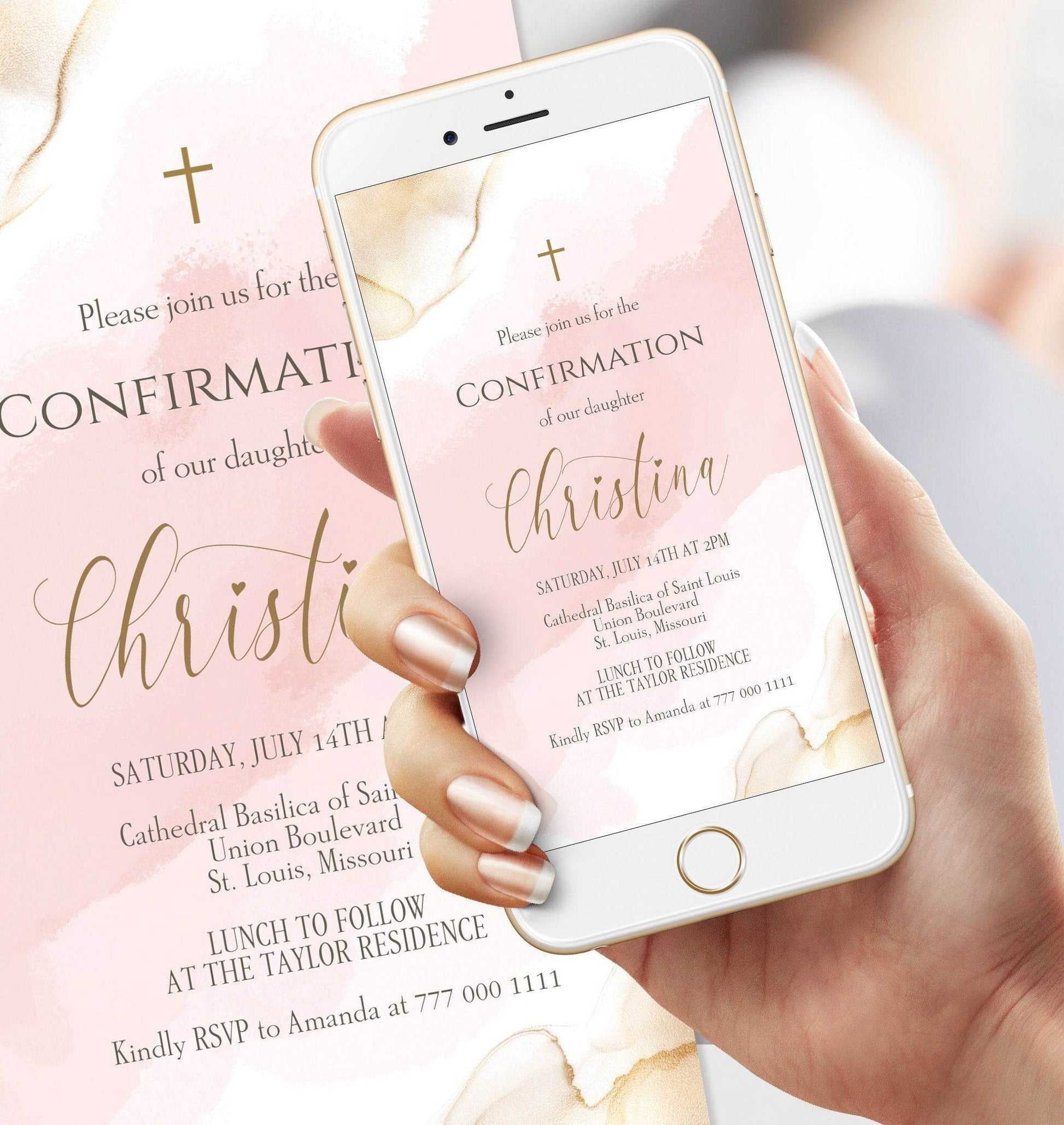 Pink Gold Girl Confirmation Invitation Template, Editable Watercolor Electronic Invite, Digital Confirmation Text Message Evite