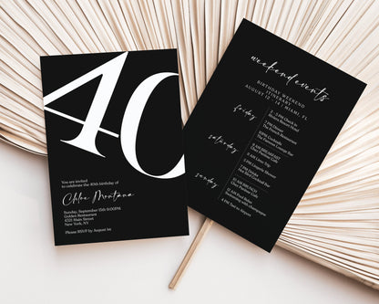 Simple Black 40th Forty Birthday Weekend Itinerary Template, Printable Birthday Weekend Invitation, Editable Birthday Weekend Itinerary