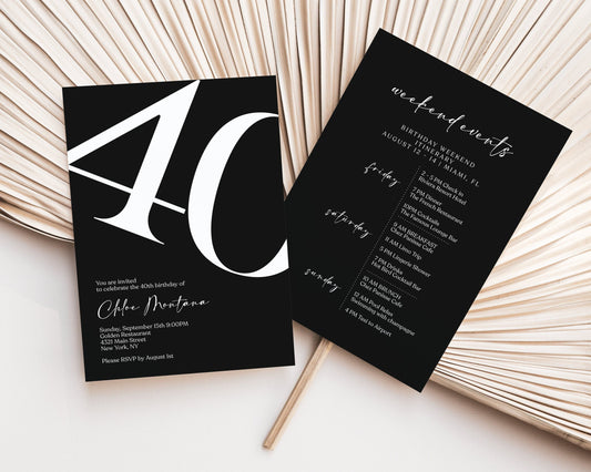 Simple Black 40th Forty Birthday Weekend Itinerary Template, Printable Birthday Weekend Invitation, Editable Birthday Weekend Itinerary