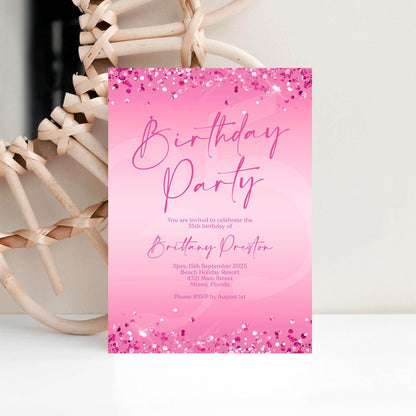 Fuchsia Pink Birthday Party Editable Invitation Template, Printable Birthday Invite, Ladies Email Text Message Invitation, Any Age Birthday